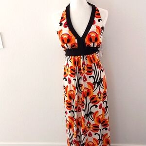 Bisou Bisou Orange Floral Halter Maxi Dress